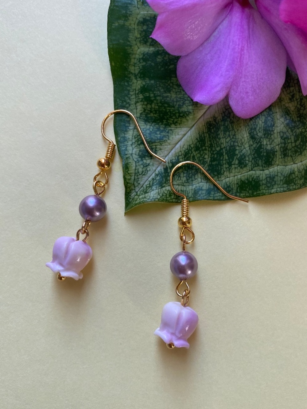 Handmade Lavender Crown Flower Earrings with Freshwater Pearl